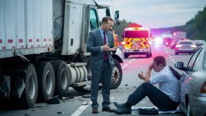 lawyer standing next to a large truck involved in an accident on a highway in Bel Airjpg