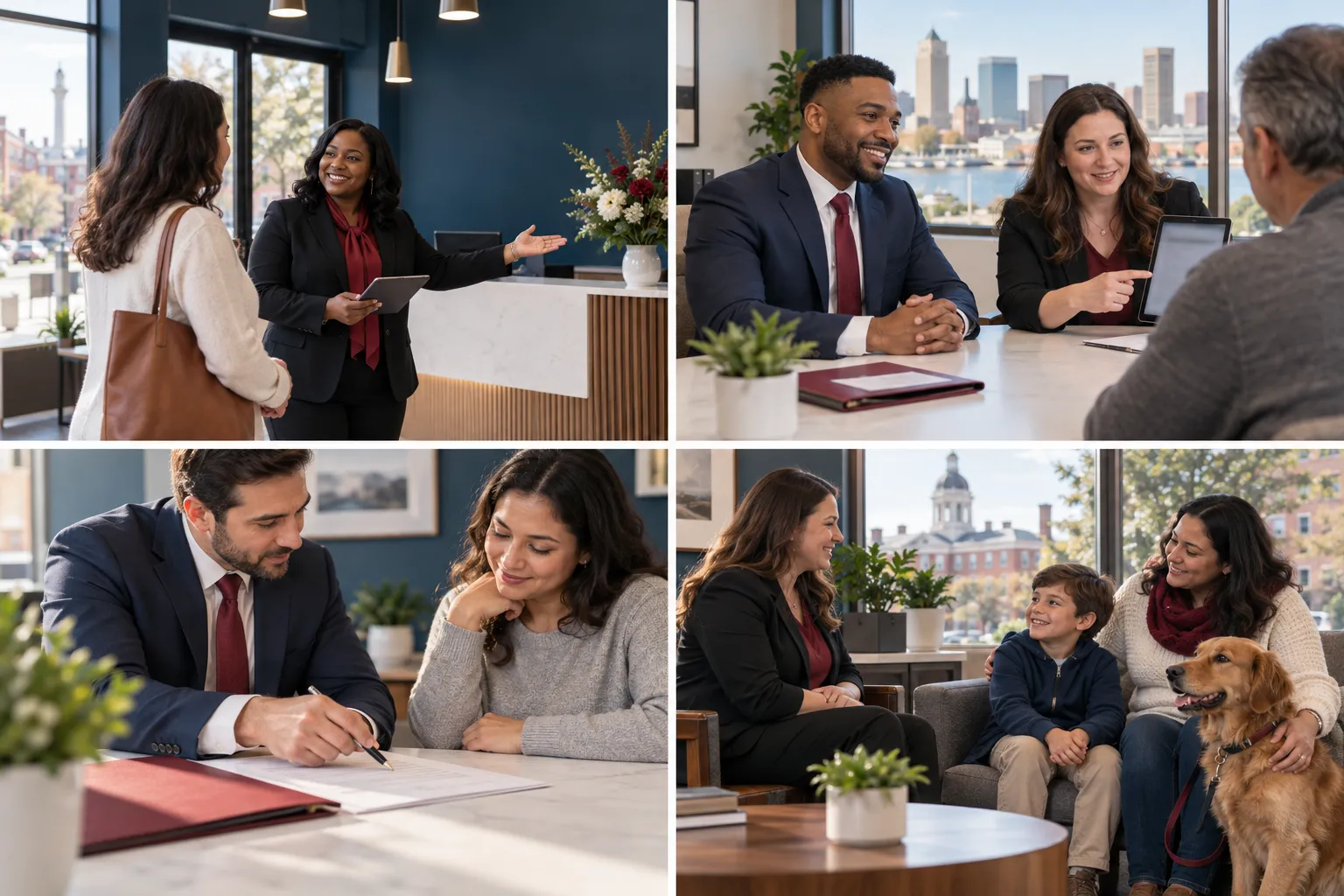 Attorney consulting with client over case file in bright office