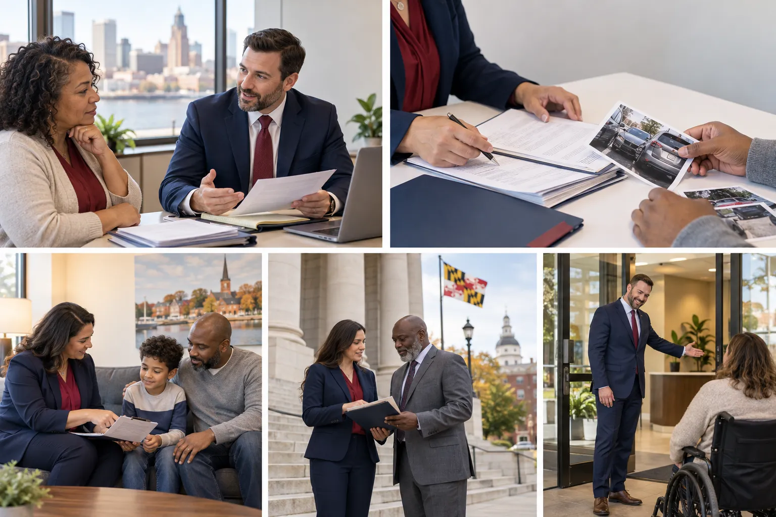 Professional legal team members reviewing documents in a modern Bel Air office