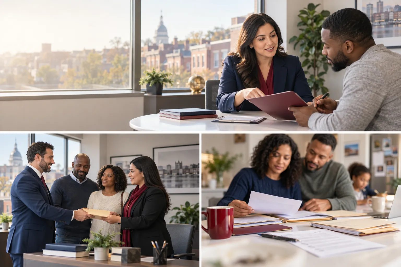 Attorney reviewing client paperwork at organized desk with checklist
