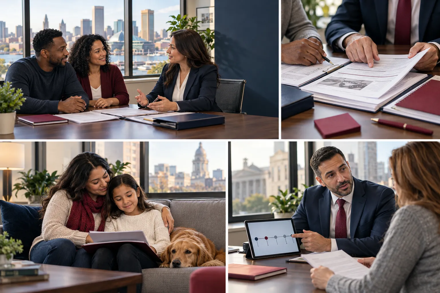 Professional attorney offering empathetic guidance to injured client in office