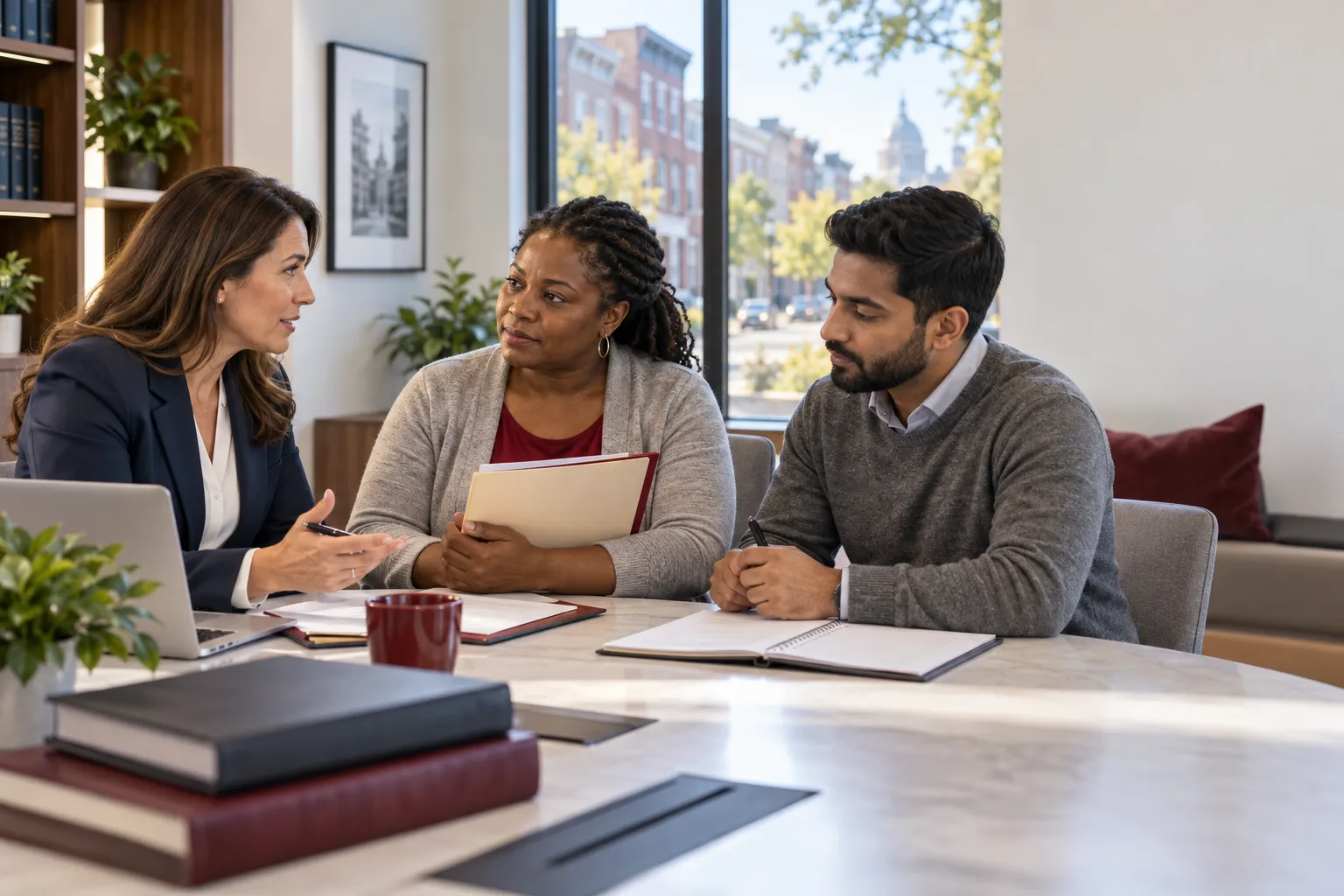 Attorney consulting with injured client at desk, warm professional office setting