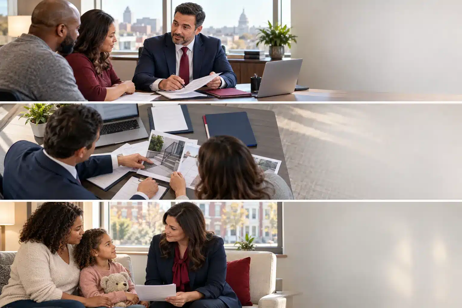 Attorney consultation showing legal documents and supportive guidance imagery