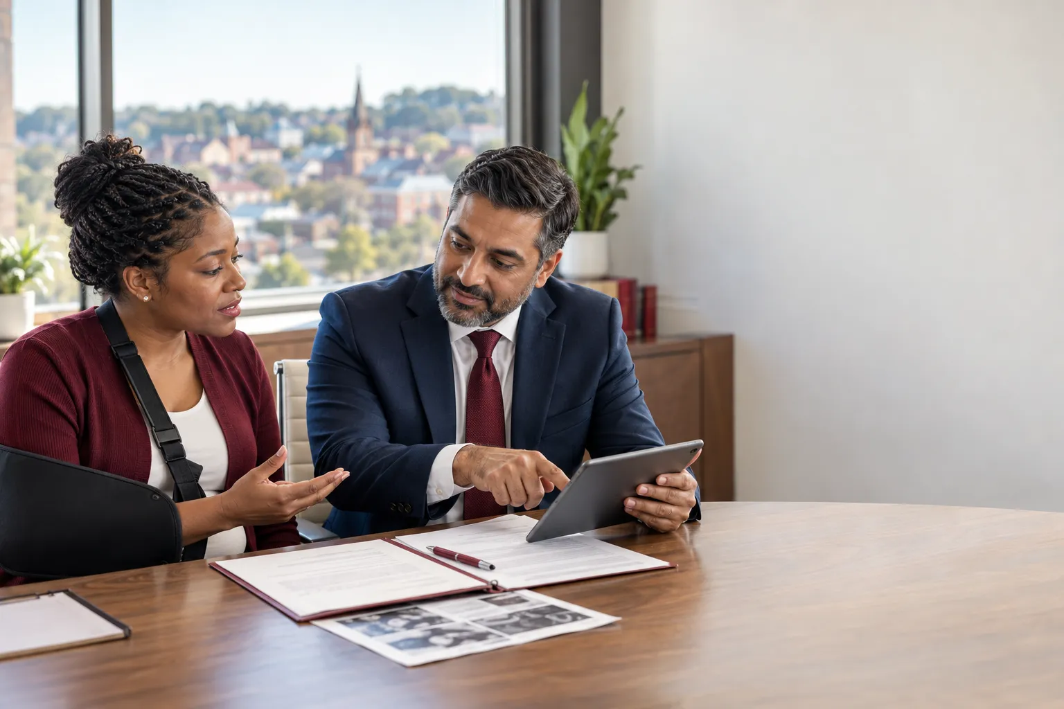 Attorney consultation scene with supportive client in professional office setting