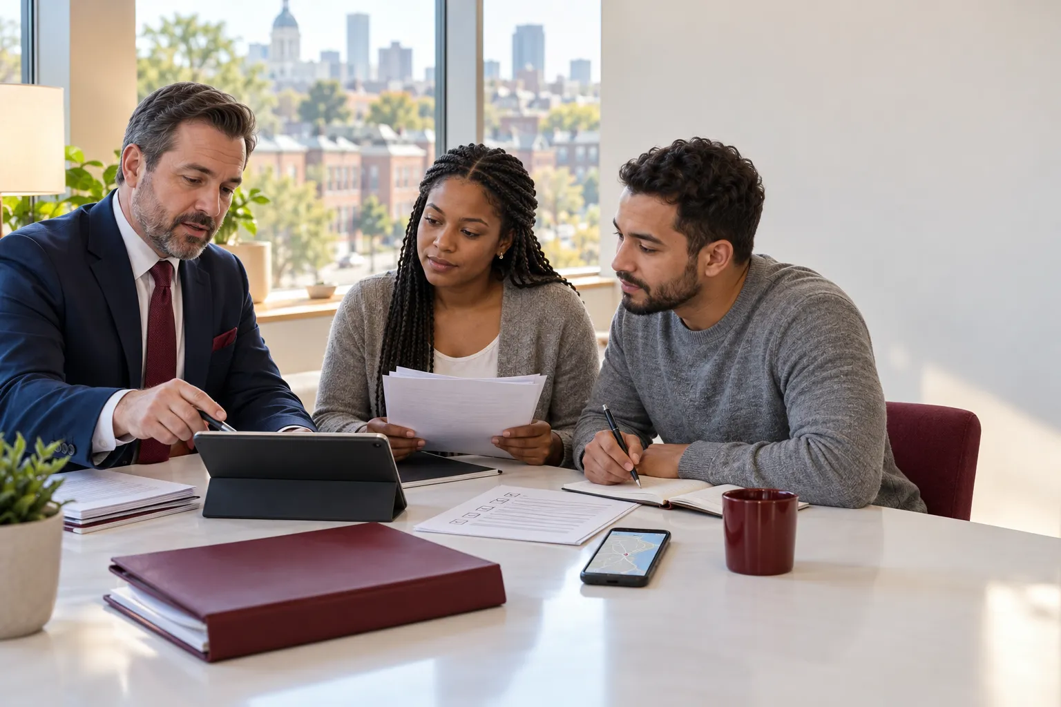 Attorney consulting with rideshare accident client over legal documents and phone