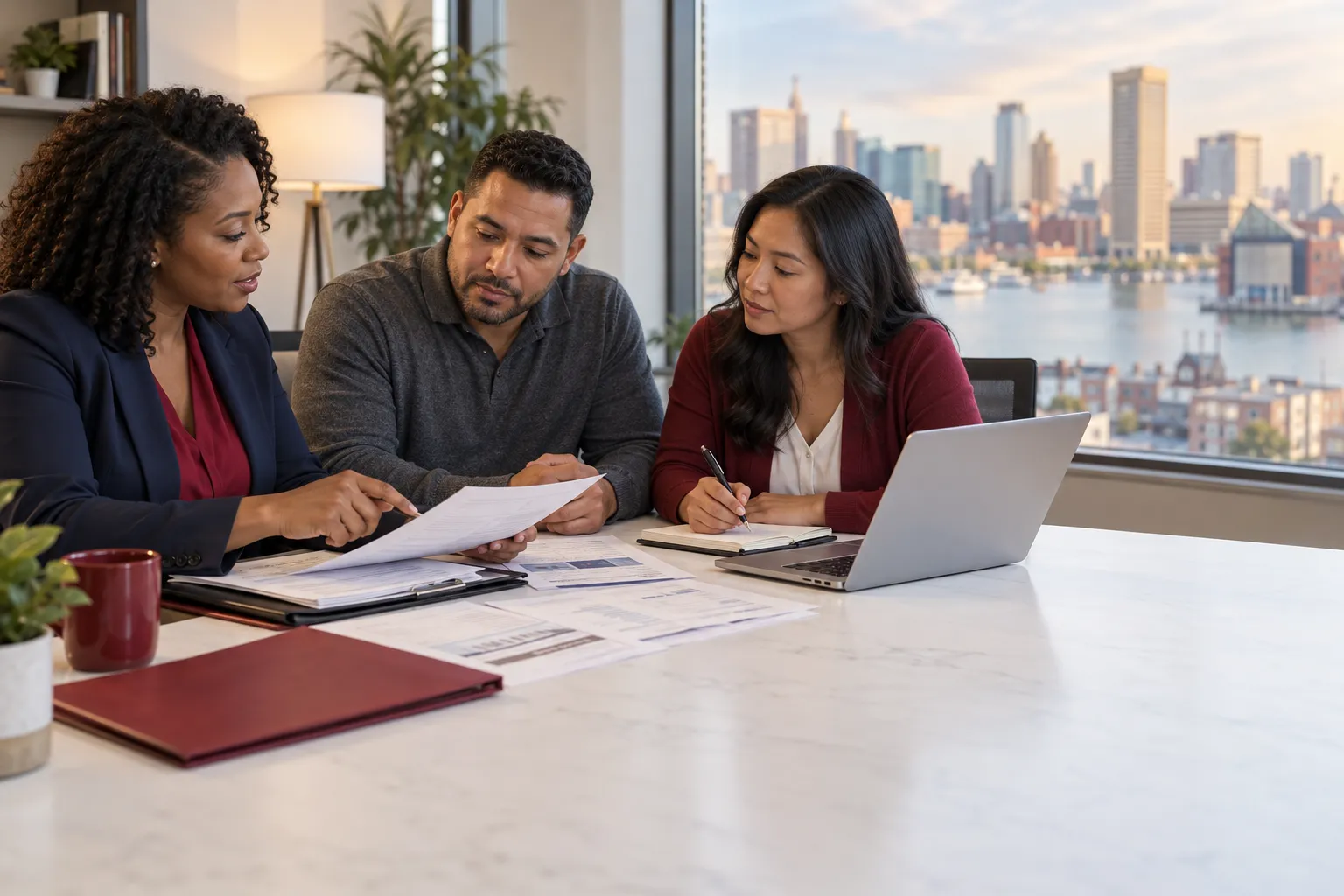 Workers Comp Attorney Baltimore MD: Your Guide to Maryland Workers' Compensation 1 Supportive professional helping injured worker review workers' compensation documents