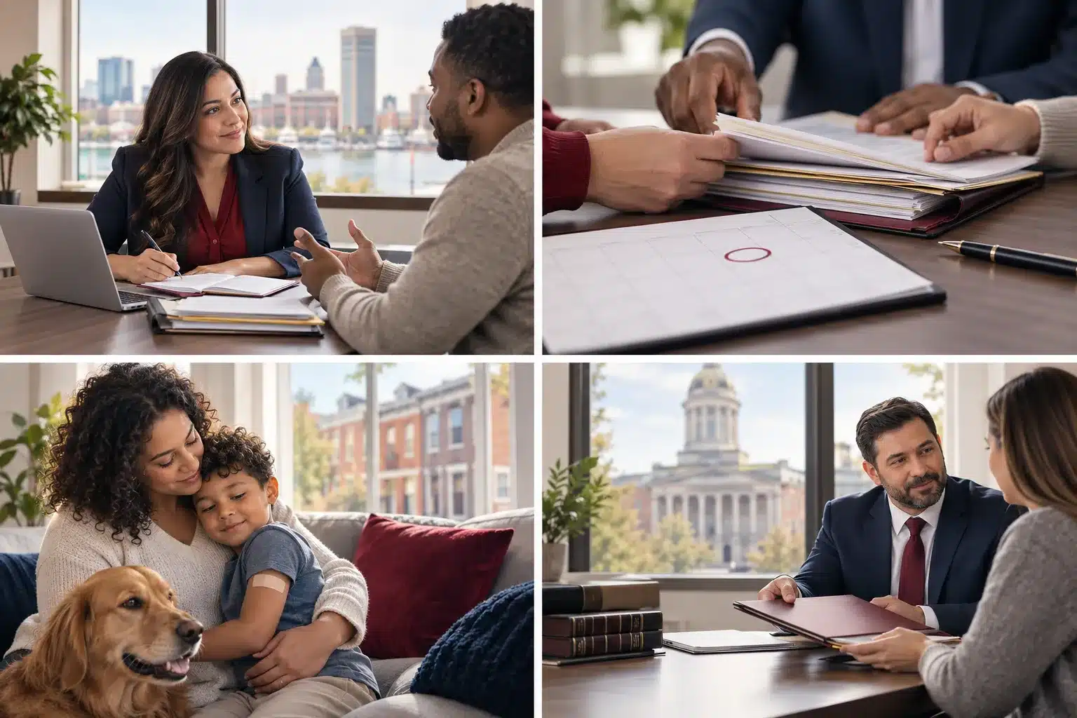 Empathetic attorney reviewing Maryland personal injury claim documents with client