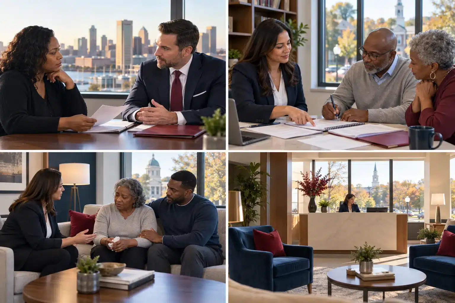 Attorney team consulting with client in modern Bel Air office